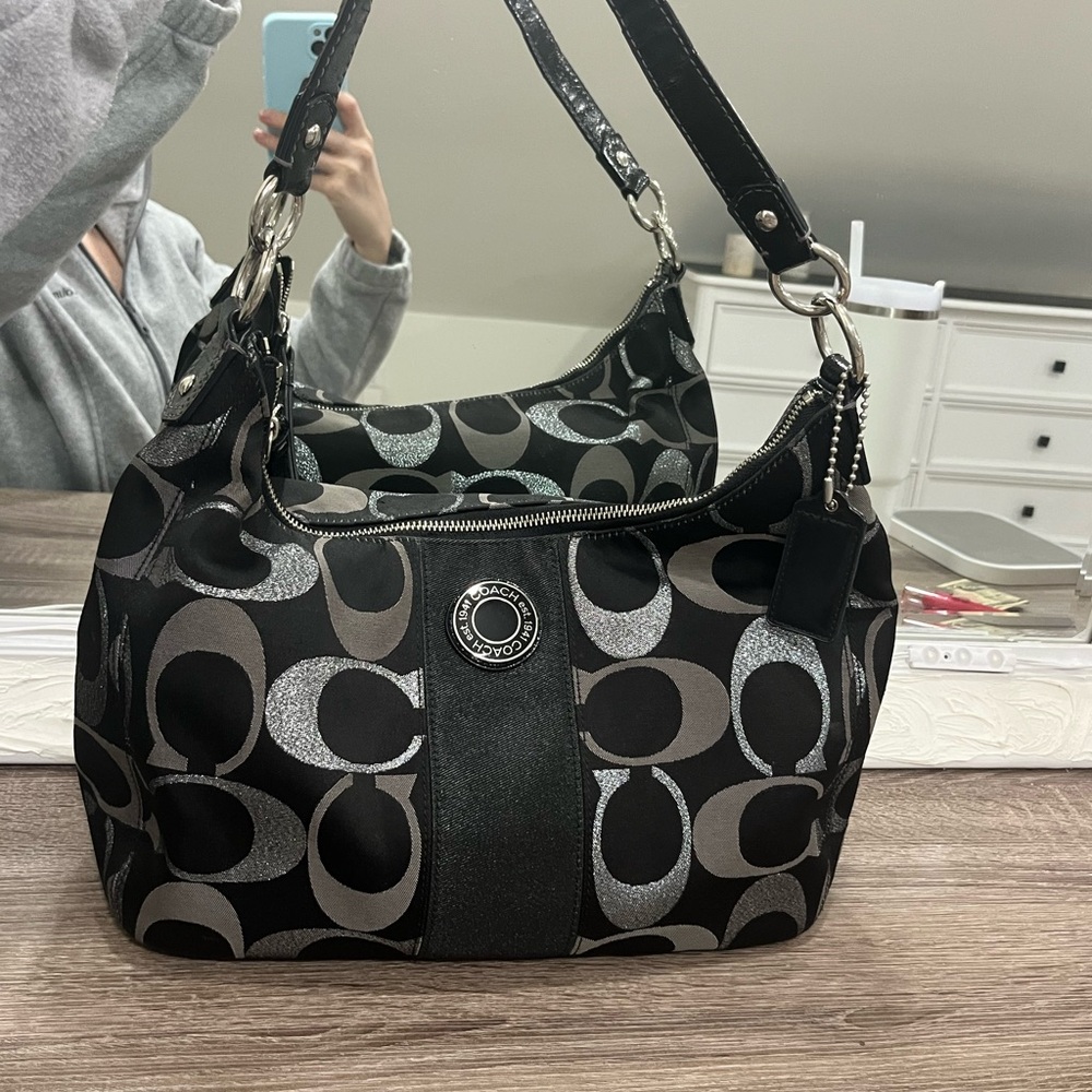 Coach XL Black and Silver Women's Canvas Hobo Bag